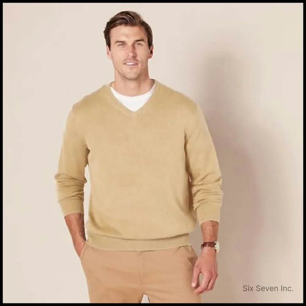 Men's V-Neck Pullover Sweater Classic Cotton Ribbed Collar Lightweight Layering